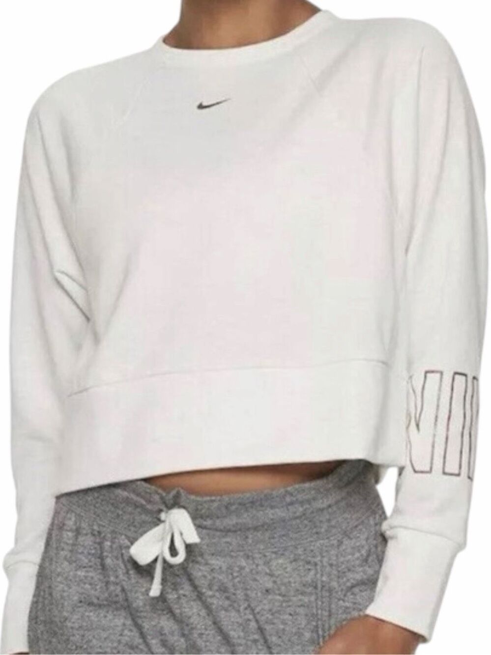 NIKE Dri-FIT Cropped Crewneck Sweatshirt Cream Glitter Logo Medium